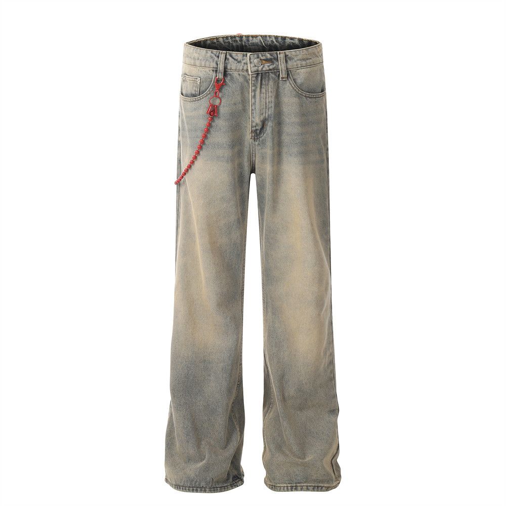 Side Red Chain Yellow Mud-Dyed Straight-Leg Jeans For Men American Style Washed Vintage Loose Design Long Pants_mkmklike.com