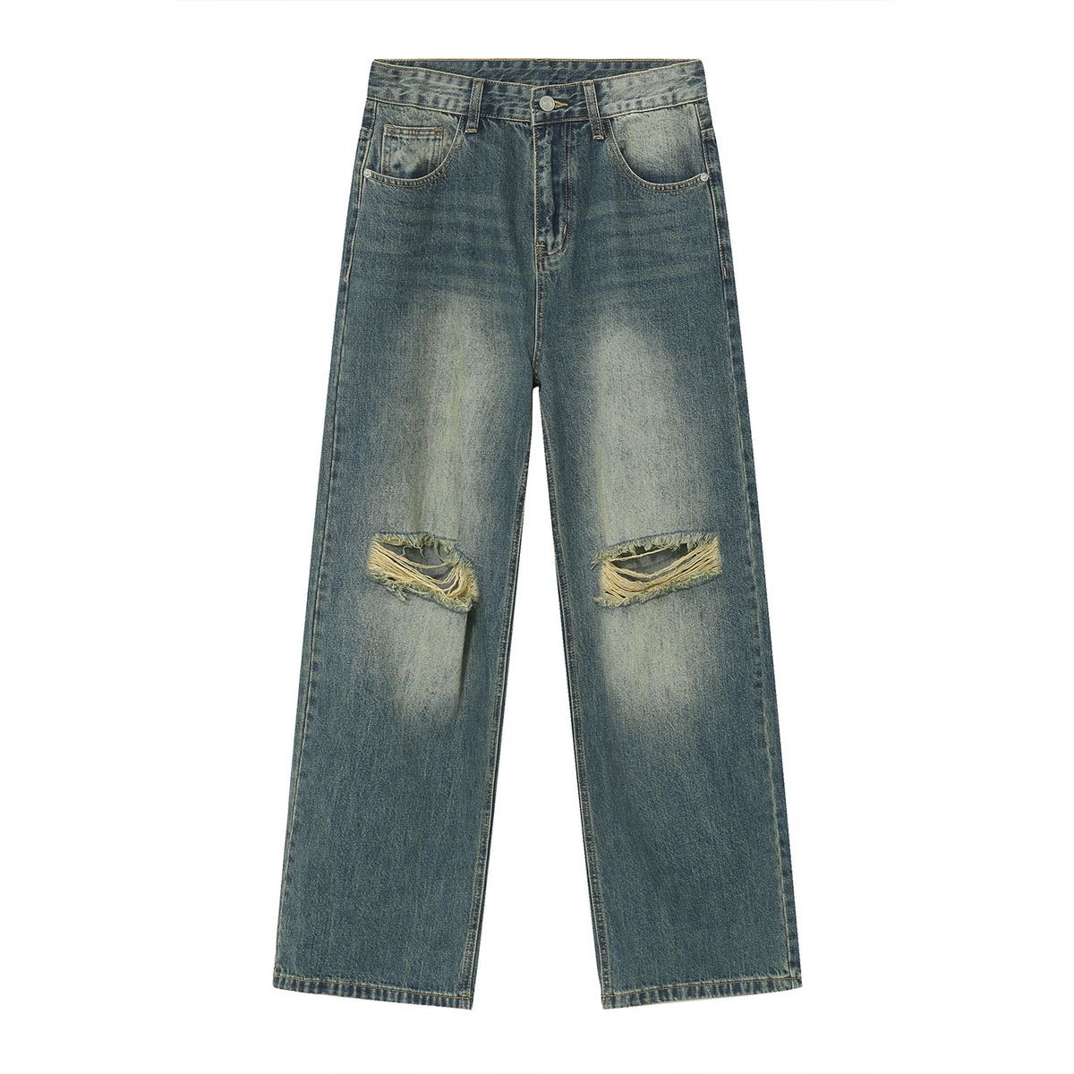 EF JEANS | 2023 New Loose Straight Korean Version Personalized Knee Ripped Pants Jeans Trendy Versatile Men And Women_mkmklike.com