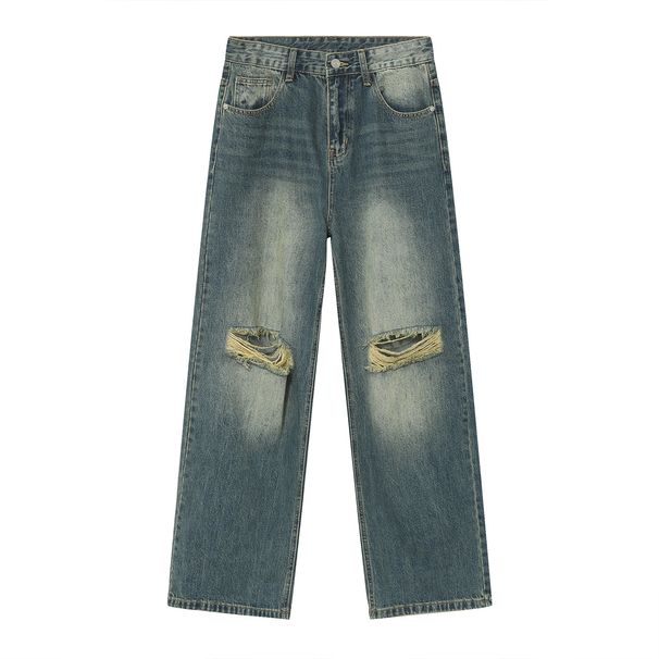EF JEANS | 2023 New Loose Straight Korean Version Personalized Knee Ripped Pants Jeans Trendy Versatile Men And Women_mkmklike.com