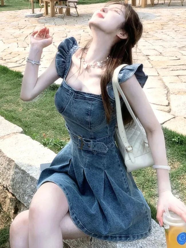 Pure Desire Spicy Girl Design Sense, Small Fly Sleeve Denim Suspender Dress, Women's Simple Summer New Collection Waist_mkmklike.com