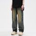 Men’s Vintage Washed Dirt-Yellow Jeans – Relaxed Straight-Leg Denim Pants For Hip-Hop & Casual Wear_mkmklike.com