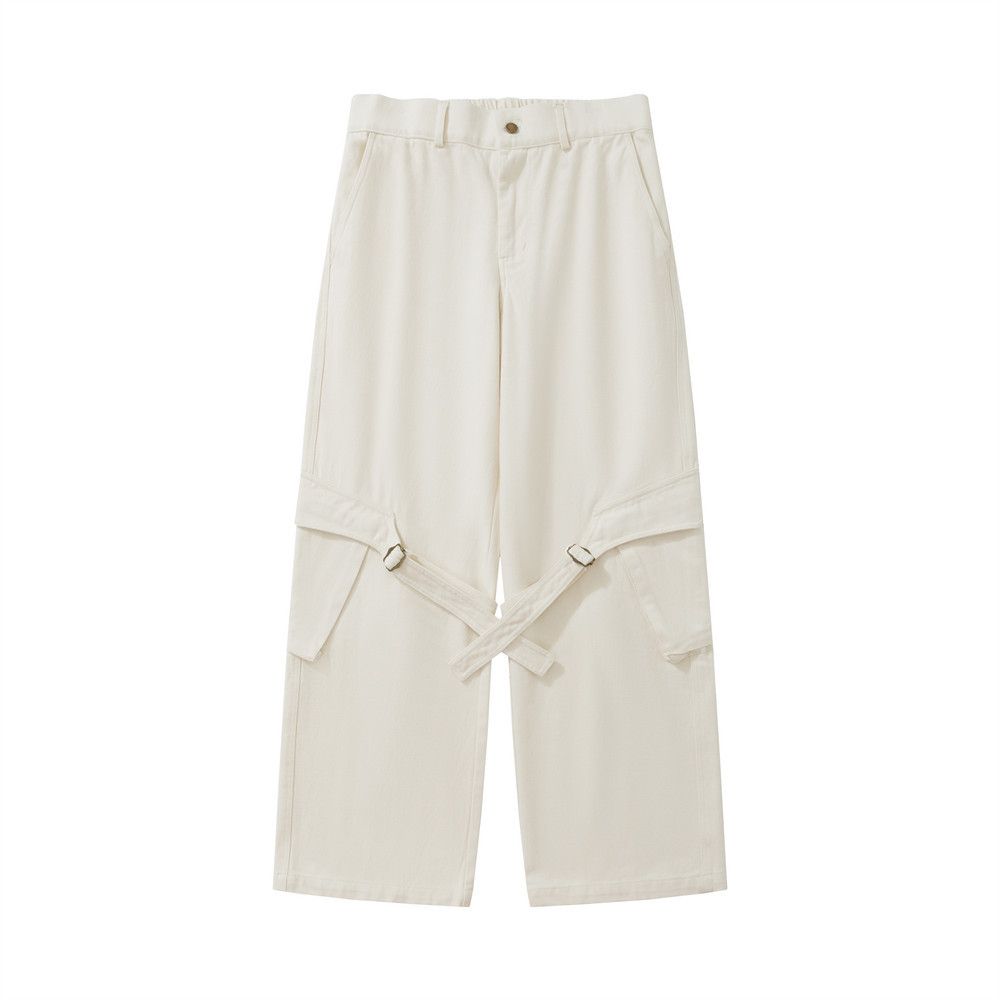 Vibe Trendy Brand Solid Color Cargo Wide-Leg Men's High Street Design Sense Tie Pocket Personality Denim Straight-Leg_mkmklike.com