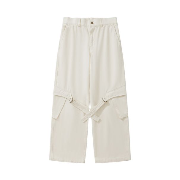 Vibe Trendy Brand Solid Color Cargo Wide-Leg Men's High Street Design Sense Tie Pocket Personality Denim Straight-Leg_mkmklike.com