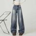 Retro Blue High Waist Wide Leg Jeans Women's Trendy Versatile Slimming Curved Sash American Style High Street Denim_mkmklike.com