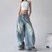 Vintage Washed Light Blue Flared Jeans For Women - Retro American Hip Hop Street Style Wide Leg Trousers_mkmklike.com