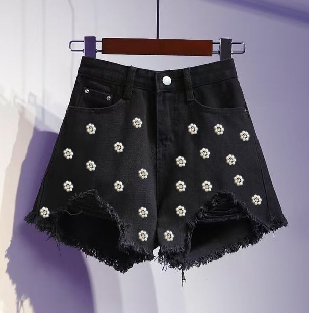 Embellished Denim Shorts Stylish Beaded High-Waisted Casual Shorts ( Cotton-Poly Blend, Distressed Hem & Rhinestone Accents, Comfortable Loose Fit)_mkmklike.com
