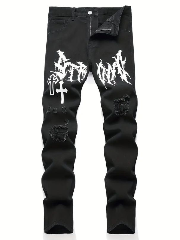 Men's Cross Pattern Printed Jeans Men's Embroidered Slim Fit Denim Men's Stretch Embroidered Long Pants Trousers_mkmklike.com