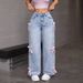 Women's Loose Wide-Leg Jeans – Vintage Washed Denim Pants With Pure Straight Fit, Street Bow Detail & Comfortable Stretch_mkmklike.com