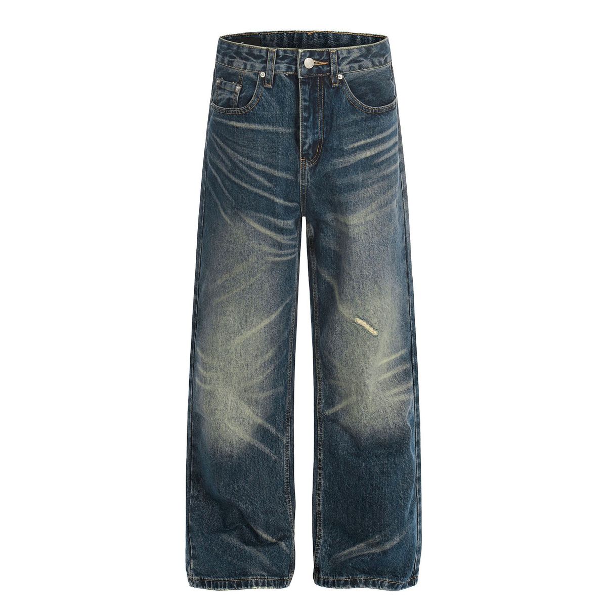 Unisex Retro Denim King Whiskered Texture Design Loose Straight Leg Jeans High Street Style Men's Clothing_mkmklike.com