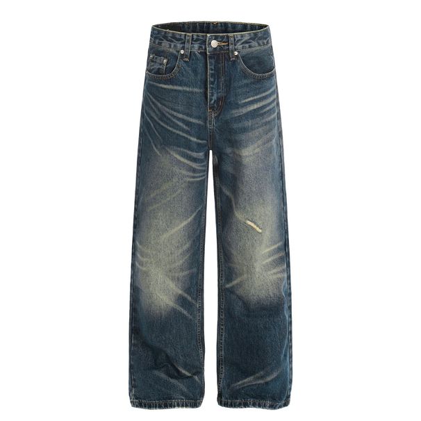 Unisex Retro Denim King Whiskered Texture Design Loose Straight Leg Jeans High Street Style Men's Clothing_mkmklike.com
