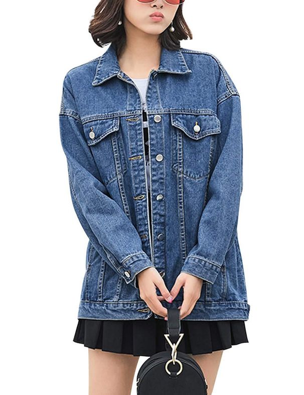 Vintage Washed Denim Jacket For Women - Distressed Loose Fit Casual Coat With Long Sleeves (Light Blue, Dark Blue, Black Gray)_mkmklike.com