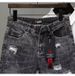 Trendy Brand Fashion Personality Embroidery Slim Straight Leg Denim Shorts Men Ins Korean Version Trendy Summer Black_mkmklike.com