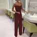 Women's feather patchwork sexy strapless fashion dress wide leg jumpsuit_mkmklike.com