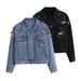 Women's Embroidered Denim Jacket – Heavyweight Vintage Dragonfly Beaded Loose Fit Long Sleeve Coat (Black & Denim Blue, M-XL)_mkmklike.com