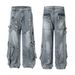 Post-Industrial Distressed Washed Workwear Jeans For Men With Design Sense, Heavy-Duty Split And Spliced Wide-Leg_mkmklike.com