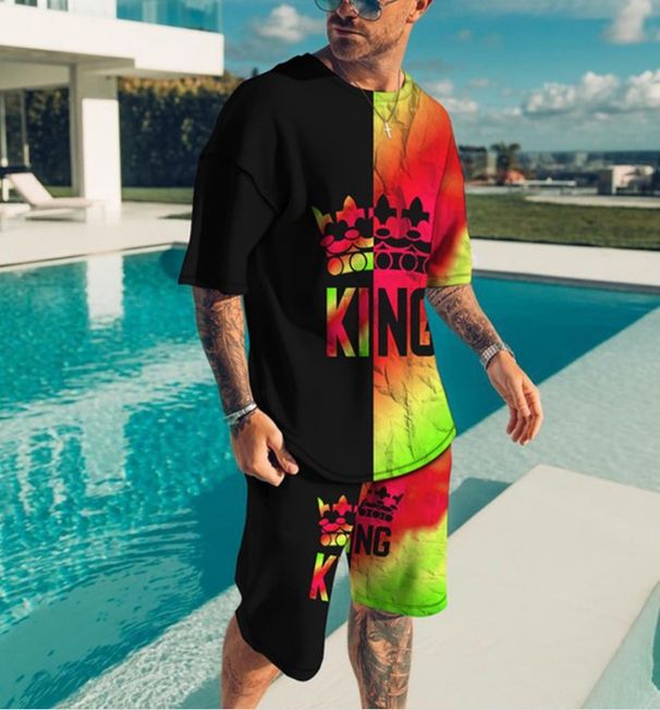 Men's Clothing shorts loose casual short-sleeved suit color matching KING printed T-shirt_mkmklike.com