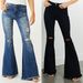 Women's Clothing Women's High-Waisted Stretch Flared Jeans - Distressed Retro Bootcut Denim Pants With Fringe Hem (Blue & Black)_mkmklike.com