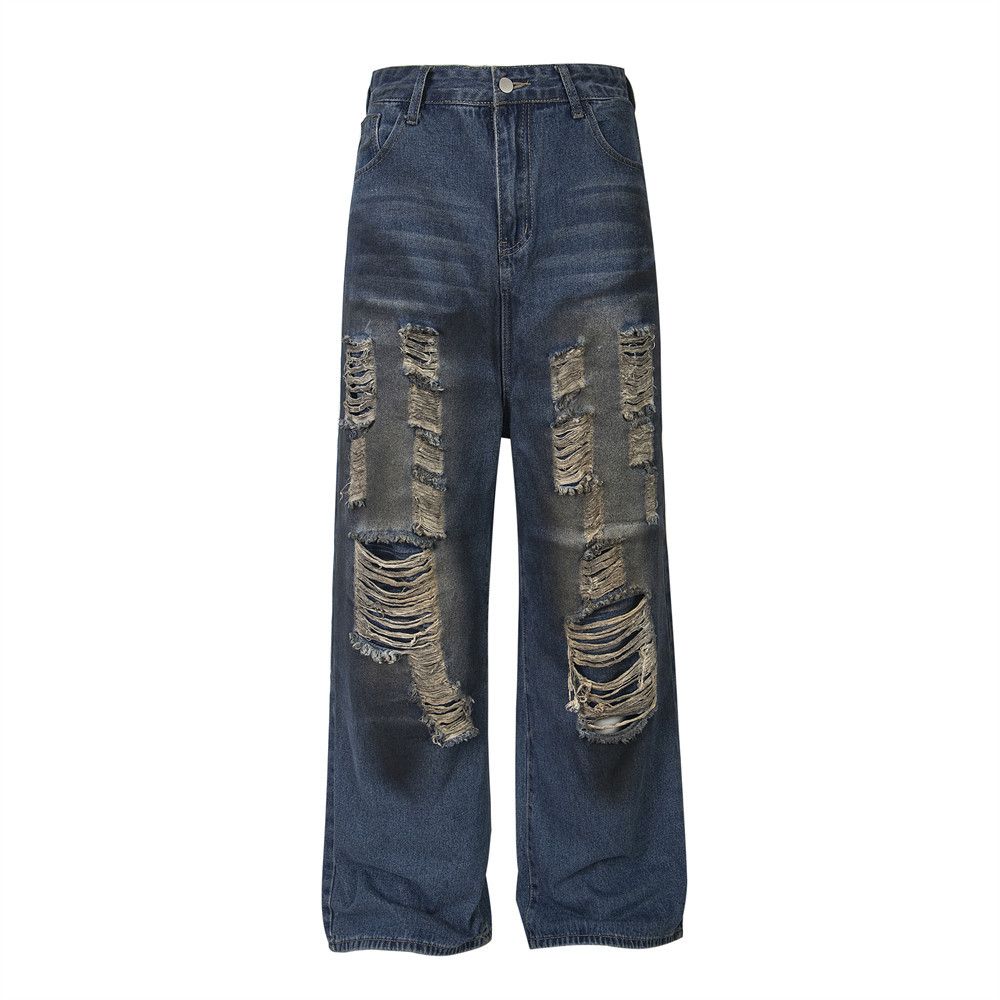 Heavy-Duty Jeans For Men And Women, Vibe Style, Trendy Brand, Distressed Spray Paint, Dirty Ripped Loose Wide-Leg Pants_mkmklike.com