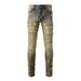 American High Street Trendy Brand Men's Ripped Jeans Men's Retro Elastic Men's Small Feet Graffiti Slim Pants 6557_mkmklike.com