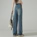 plus Size High-Waisted Floor-Length Jeans Retro Vibe Casual Slimming Straight Leg Loose Fit Long Pants for Women_mkmklike.com