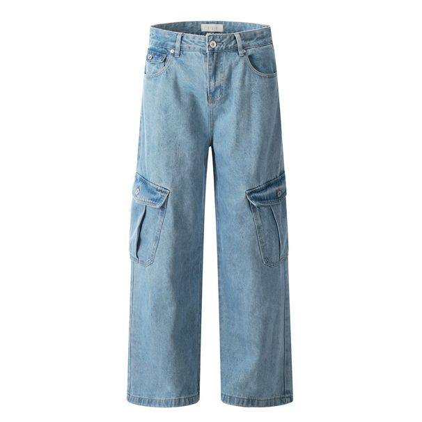 American High Street Washed Denim Cargo Men's Loose Wide-Leg Straight Long Vintage Large Pocket Casual Pants Trendy_mkmklike.com