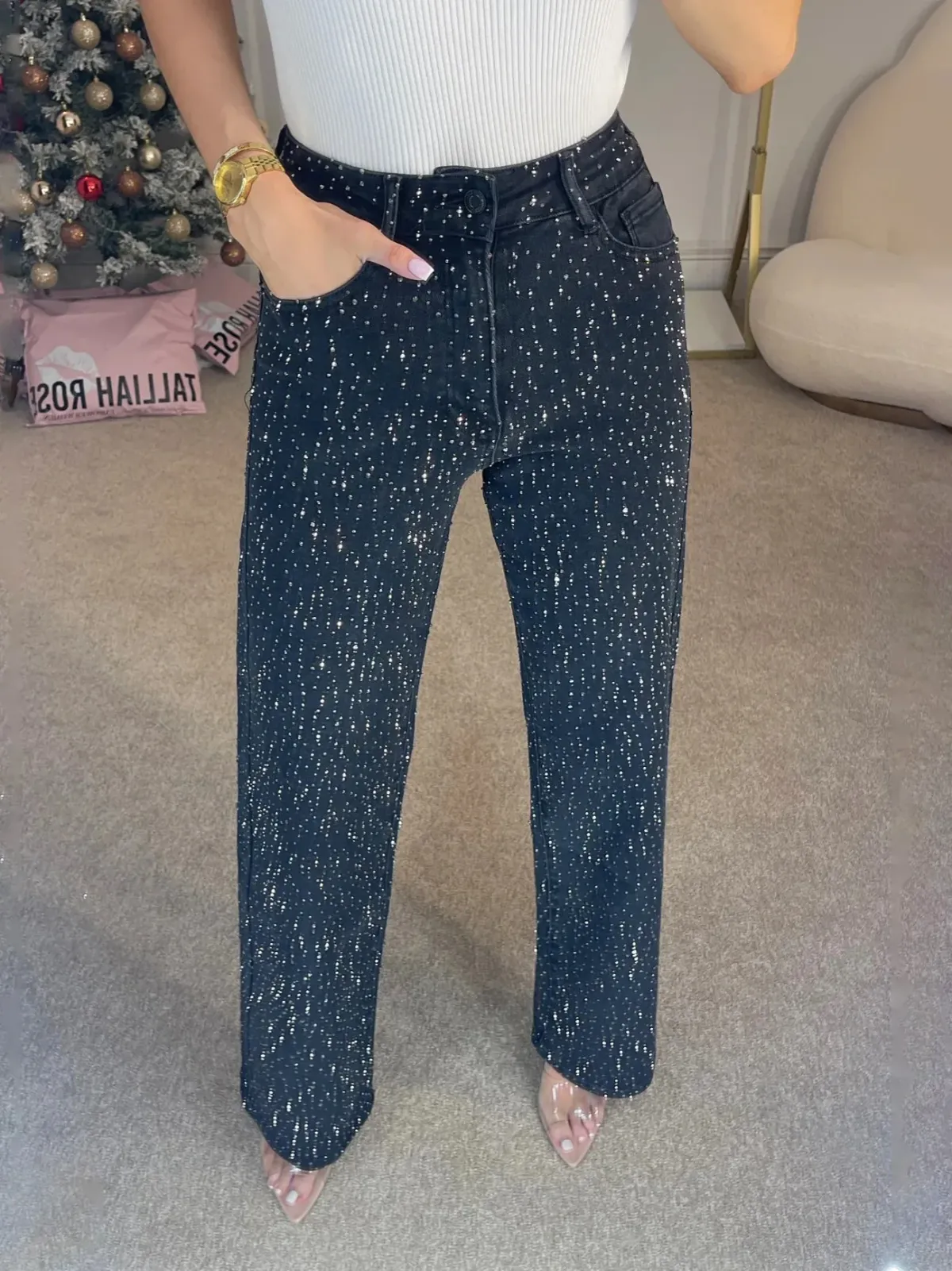 2025 Women Jeans Straight Diamonds Pants Stretch High Waist Washed Mom Jeans Y2k Streetwear Trousers Vintage Denims Streetwear_mkmklike.com