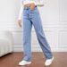 Women's Vintage Washed Denim Jeans - Straight Leg, Mid-Rise, Lightweight Cotton Blend, Distressed Casual Pants For Streetwear_mkmklike.com