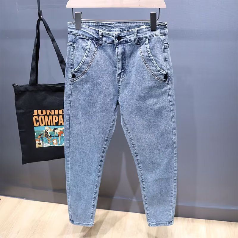 Men's Slim Fit Cropped Jeans New Spring Style Korean Trendy Casual Long Pants_mkmklike.com