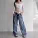 Women's Clothing Waist Jeans Retro Niche Design Loose Wide Leg Pants Simple Casual Straight Pants_mkmklike.com