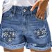 Vintage Women Denim Shorts With Floral Embroidery, Ripped Distressed Cuffed Hem Summer Casual Shorts For Ladies_mkmklike.com