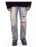 2023 high street American retro washed patchwork jeans men's loose straight hiphop drape pants_mkmklike.com
