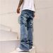 HME Men's Fleece Lined Thickened Jeans Slim Fit Frayed Hem High Street Style Slightly Flared Pants European American Cross Border_mkmklike.com