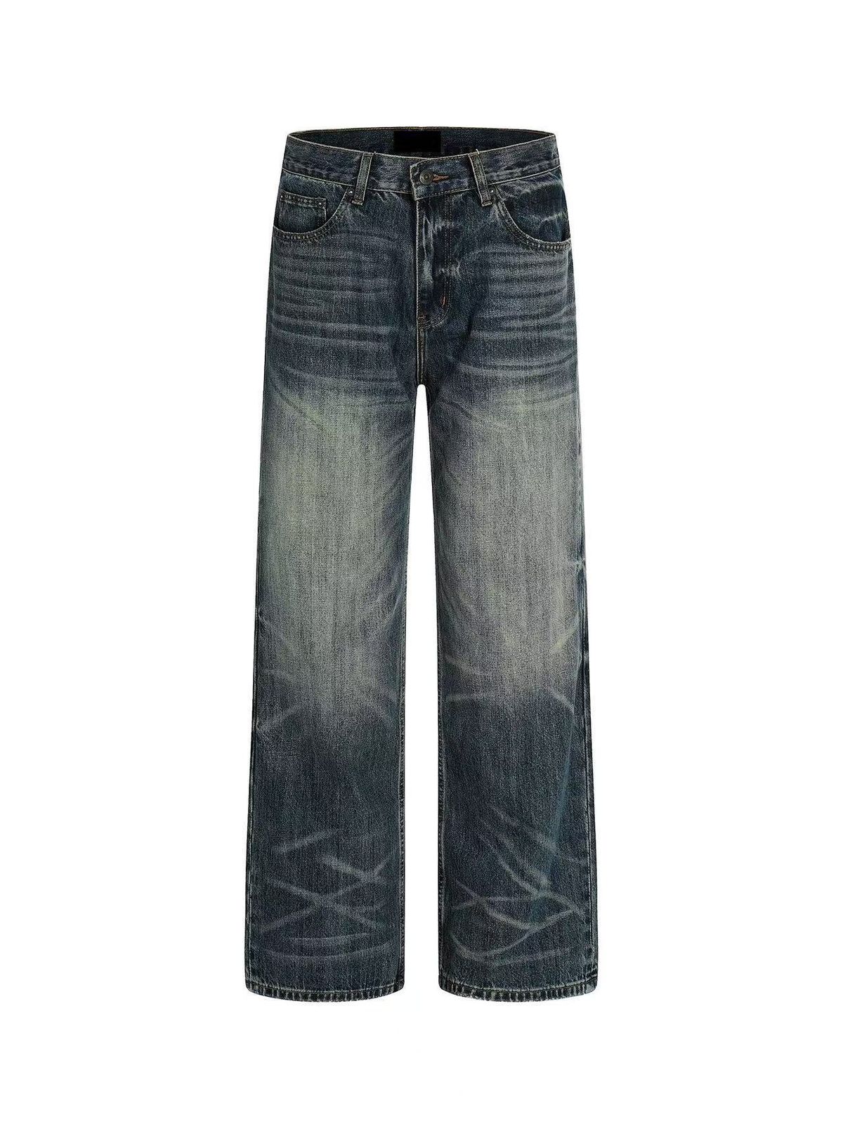 "Vintage Washed Distressed Straight Leg Denim Jeans - Unisex Relaxed Wide Cut A-Line Pants With Battle Jeans Style For Men & Women"_mkmklike.com