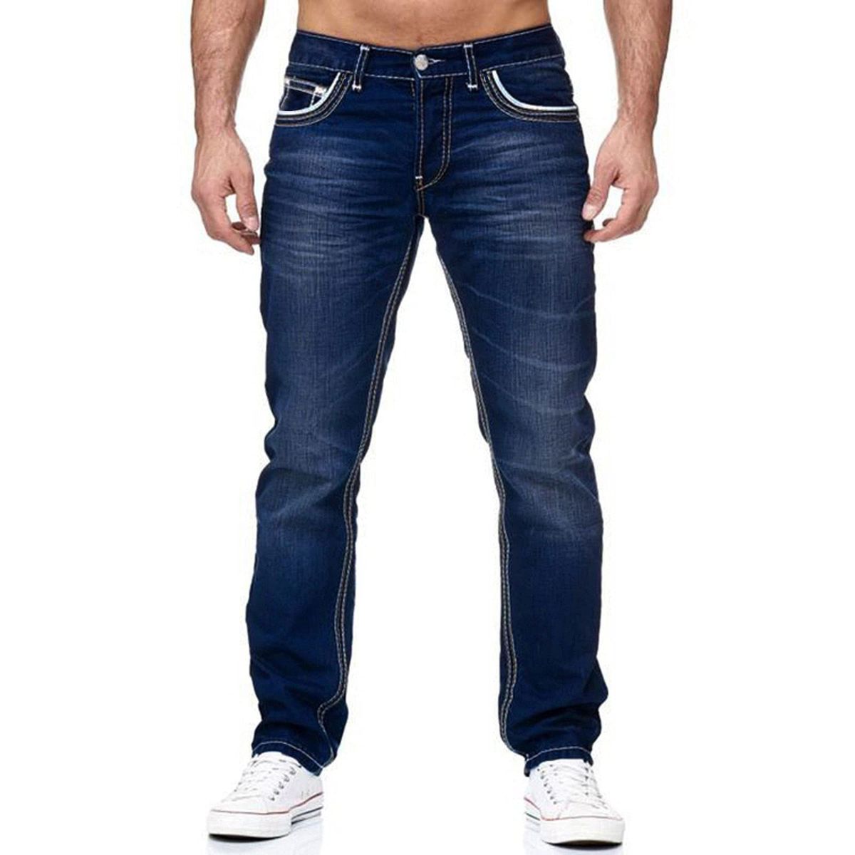Men's Slim Fit Double Stitch Jeans – Classic Denim With Vintage Wash (Dark Blue/Light Blue/Black, S-XXXL)_mkmklike.com