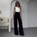 Women's Clothing fashion solid color oblique collar slim fit top high waist wide leg pants suit_mkmklike.com