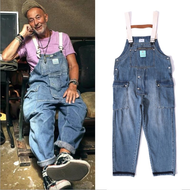 Pure American Style Amekaji Washed Vintage Denim Overalls Men Cargo Multi-Pocket Suspender Pants Trendy Retro_mkmklike.com