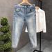 Light Blue Stretch Denim Jeans For Men Slim Fit Cropped Length Fashionable Spring Autumn Wear_mkmklike.com