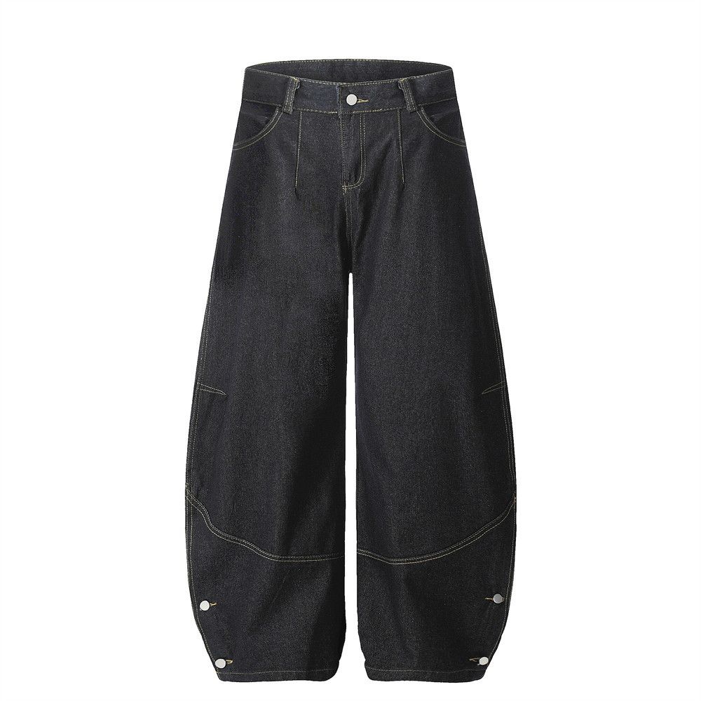 Button Split Scimitar Jeans Men's Street Trendy Vibe Style Loose Versatile Wide-Leg Pants Floor-Length Trousers_mkmklike.com