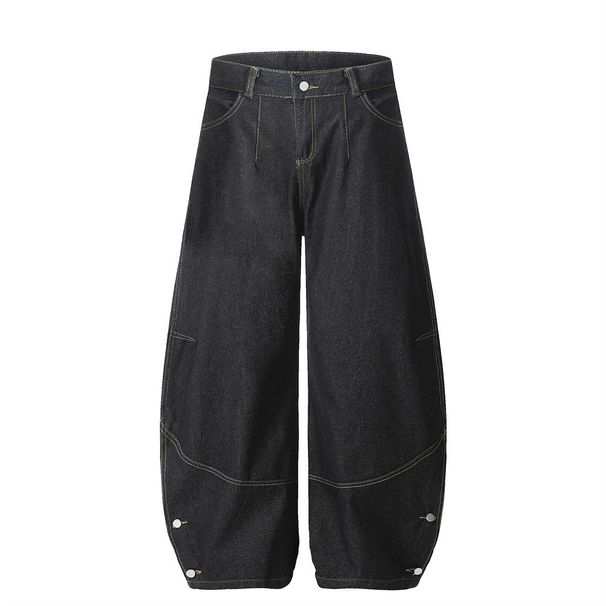 Button Split Scimitar Jeans Men's Street Trendy Vibe Style Loose Versatile Wide-Leg Pants Floor-Length Trousers_mkmklike.com