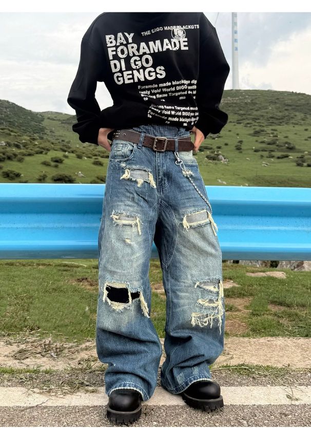 Heavy Duty Distressed Patched Straight Leg Jeans Spring Washed Loose Fitting Retro Ripped Wide Leg Pants For Men And Women_mkmklike.com