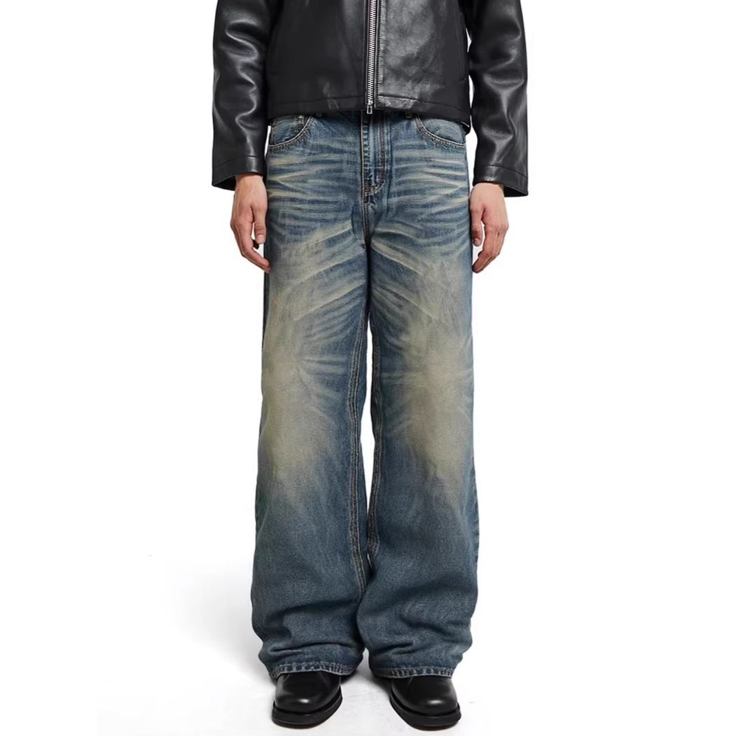 Men's Retro Blue Nevada Washed Vintage Style Jeans Loose Straight Leg Casual Wide Leg Trousers_mkmklike.com