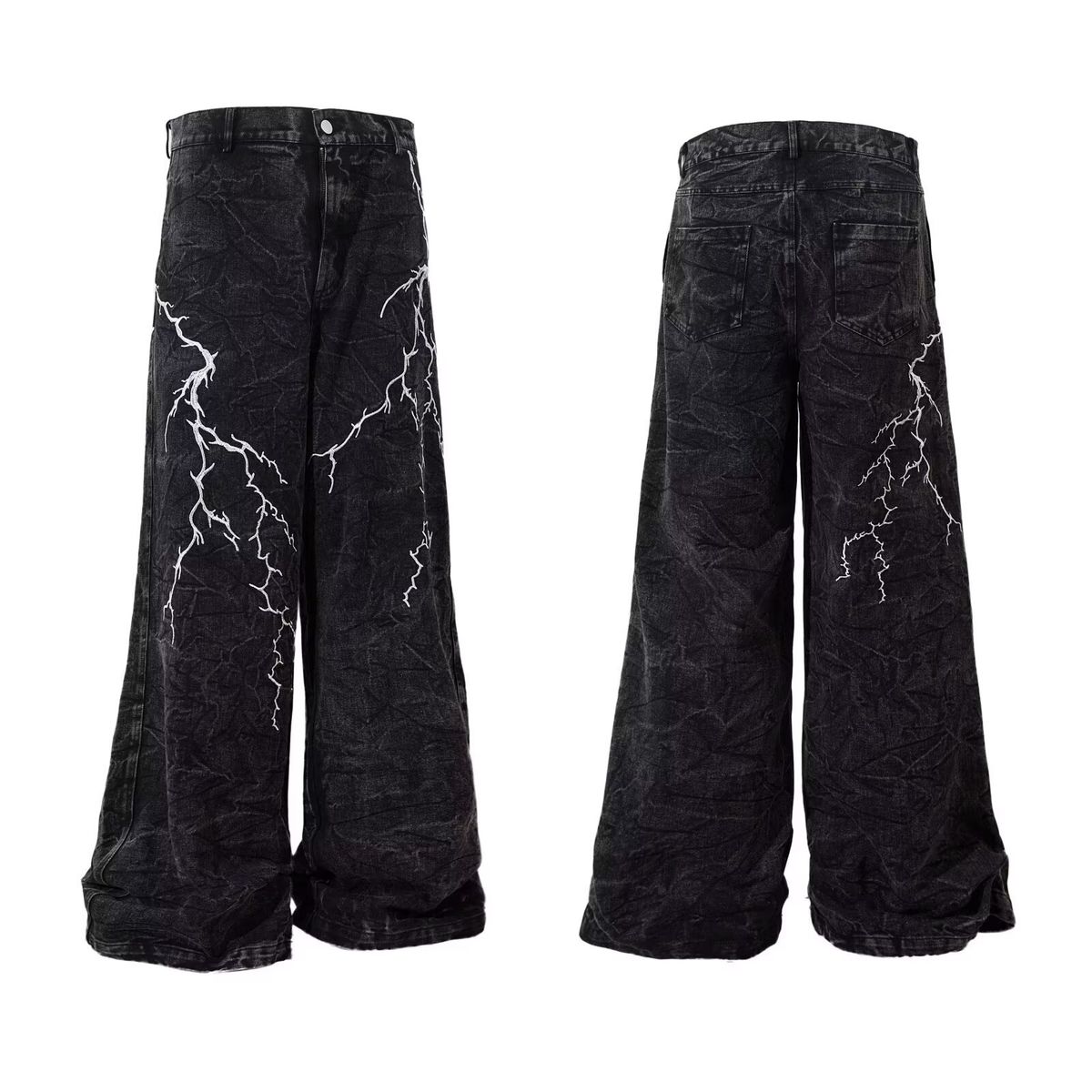 Niche Lightning Embroidered Wide Leg Jeans For Men, Spring/Autumn Style, American Street Style, Loose Fit, Casual Design, Washed Long Pants_mkmklike.com