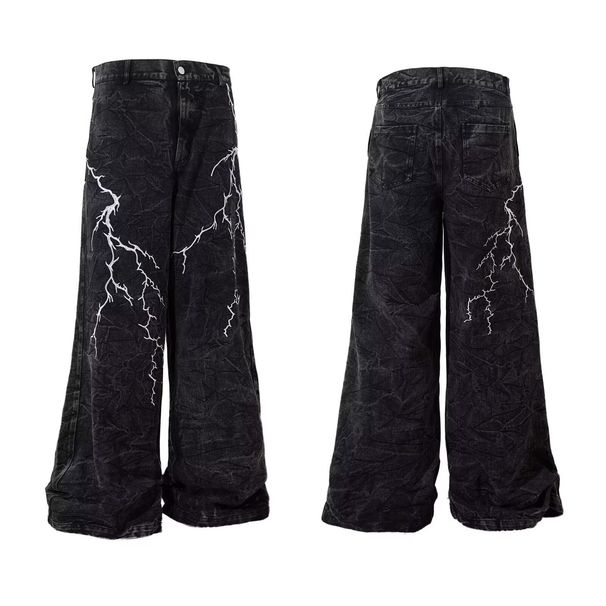 Niche Lightning Embroidered Wide Leg Jeans For Men, Spring/Autumn Style, American Street Style, Loose Fit, Casual Design, Washed Long Pants_mkmklike.com
