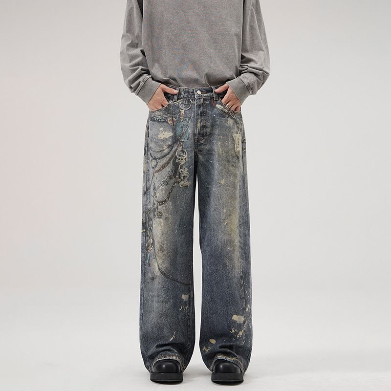 Men's Trendy Loose Wide Leg Straight Leg Jeans Digital Cut Print New AC Pants Clothing Wear Archer0603_mkmklike.com
