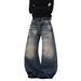 "Graffiti-Stitch Wide-Leg Jeans – Hip-Hop Distressed Denim With Custom Lettering (S-3XL, Vintage Blue/Black)"_mkmklike.com
