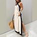 Women's new cotton and linen backless halter neck split temperament dress female_mkmklike.com