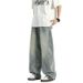 American Curved Knife Jeans Men's Trendy Washed Straight Casual Loose Wide Leg Long Pants Cleanfit_mkmklike.com
