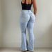 Women's High-Waisted Button down Flared Jeans Light Blue Stretch Slim Fit Hip Lifting Floor-Length American Style Denim Pants_mkmklike.com