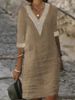 Women's solid color V-neck mid-sleeve cotton and linen casual dress_mkmklike.com