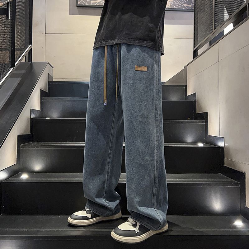 Black Jeans Trendy Style Loose Straight Leg Wide Leg Pants Midweight Polyester Spring Autumn Junior Senior High School Students Long Trousers_mkmklike.com